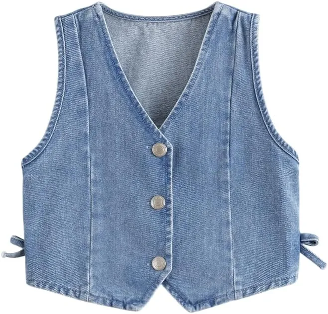 marc & janie Girls Denim V Neck Vest Vintage Button Down Tank Jacket Sleeveless Soft Tops 241359