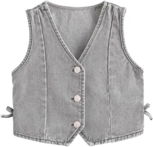 marc & janie Girls Denim V Neck Vest Vintage Button Down Tank Jacket Sleeveless Soft Tops 241359