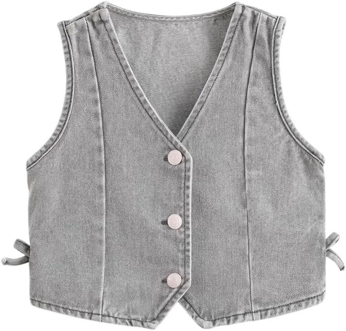 marc & janie Girls Denim V Neck Vest Vintage Button Down Tank Jacket Sleeveless Soft Tops 241359