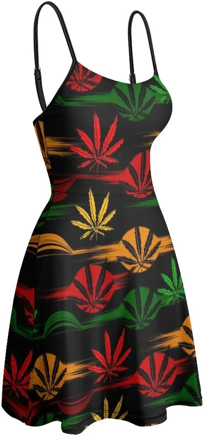 Marijuana Cannabis Women's Sling Dress Sleeveless Sexy Summer Backless Beach Sundress