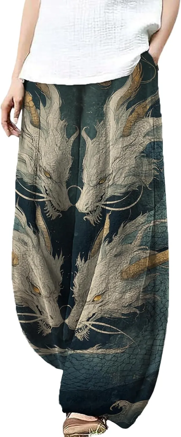 MARSVOVO Palazzo Pants for Women Dressy Elastic Waist Streetwear Hippie Pants Plus Size Casual Fall Harem Wide Leg Pants