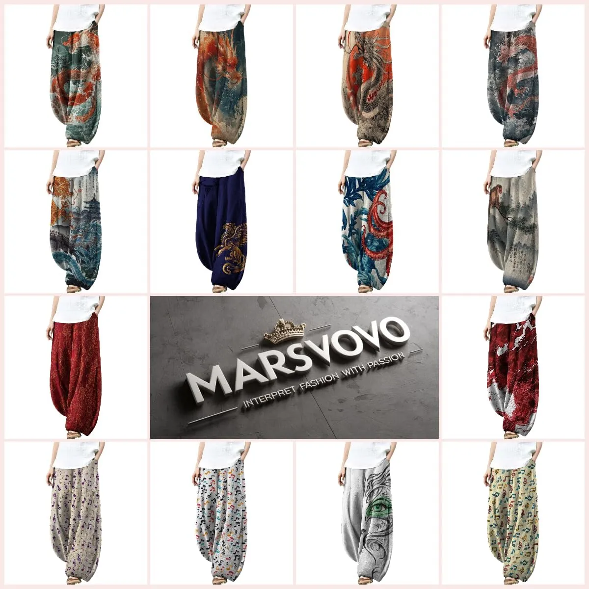 MARSVOVO Palazzo Pants for Women Dressy Elastic Waist Streetwear Hippie Pants Plus Size Casual Fall Harem Wide Leg Pants