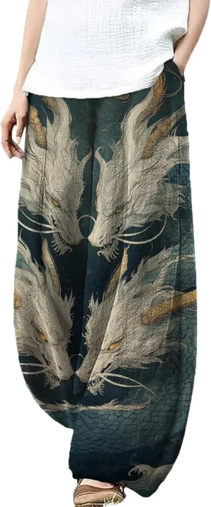 MARSVOVO Palazzo Pants for Women Dressy Elastic Waist Streetwear Hippie Pants Plus Size Casual Fall Harem Wide Leg Pants