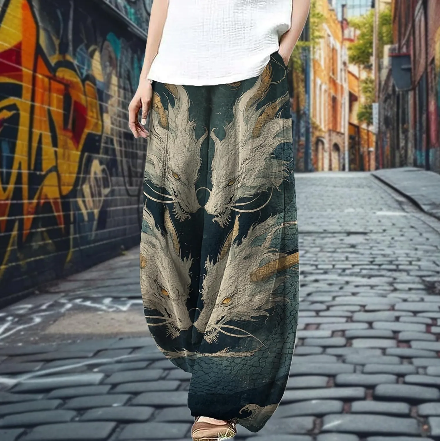MARSVOVO Palazzo Pants for Women Dressy Elastic Waist Streetwear Hippie Pants Plus Size Casual Fall Harem Wide Leg Pants