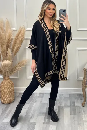 Matilda Black and Brown Aztec Trim Reversible Open Cape