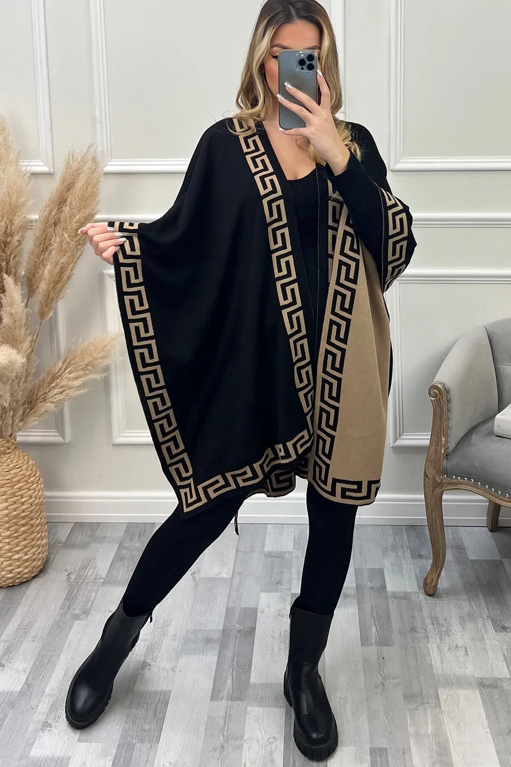 Matilda Black and Brown Aztec Trim Reversible Open Cape