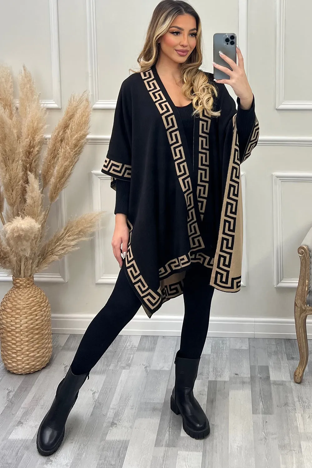 Matilda Black and Brown Aztec Trim Reversible Open Cape