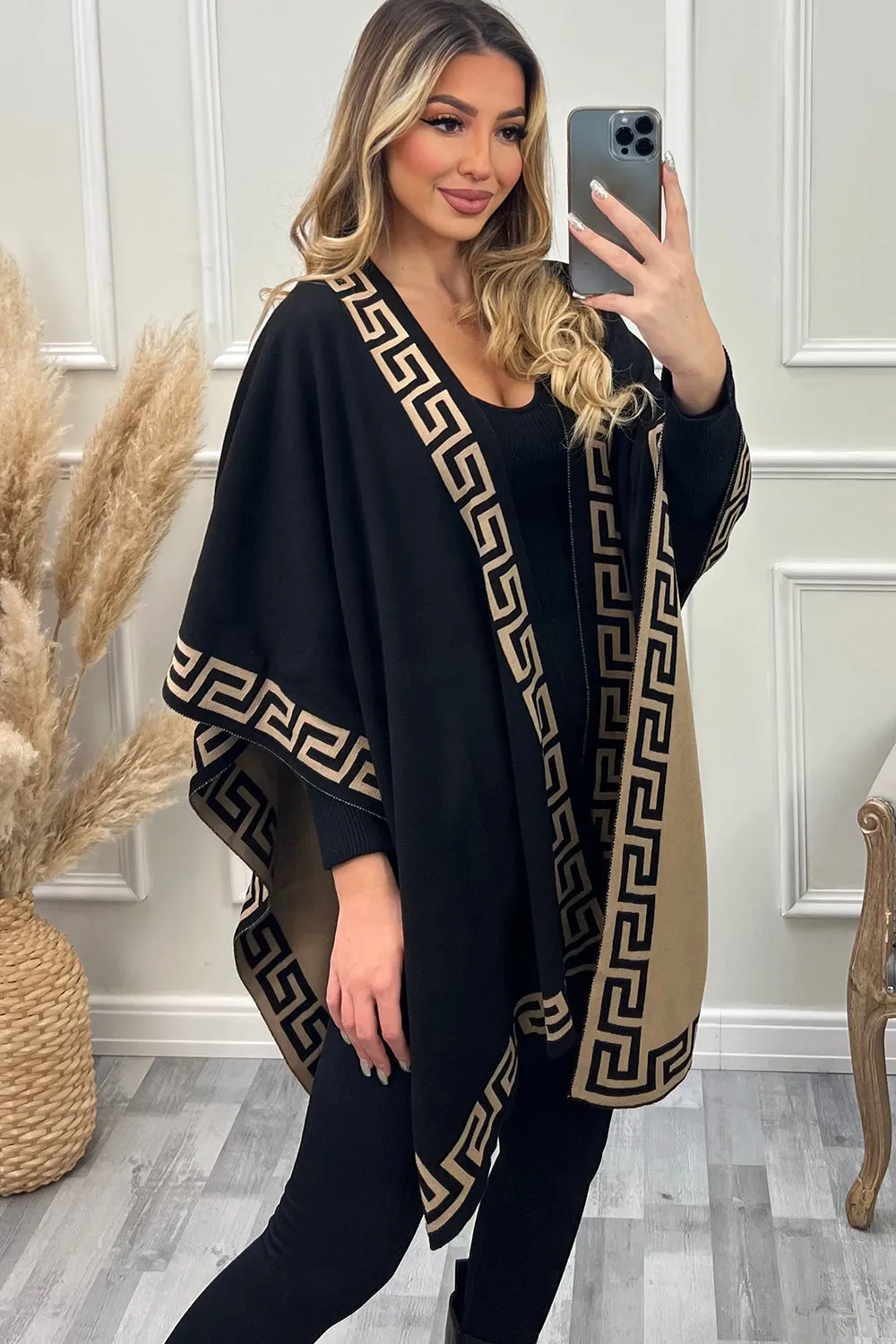 Matilda Black and Brown Aztec Trim Reversible Open Cape