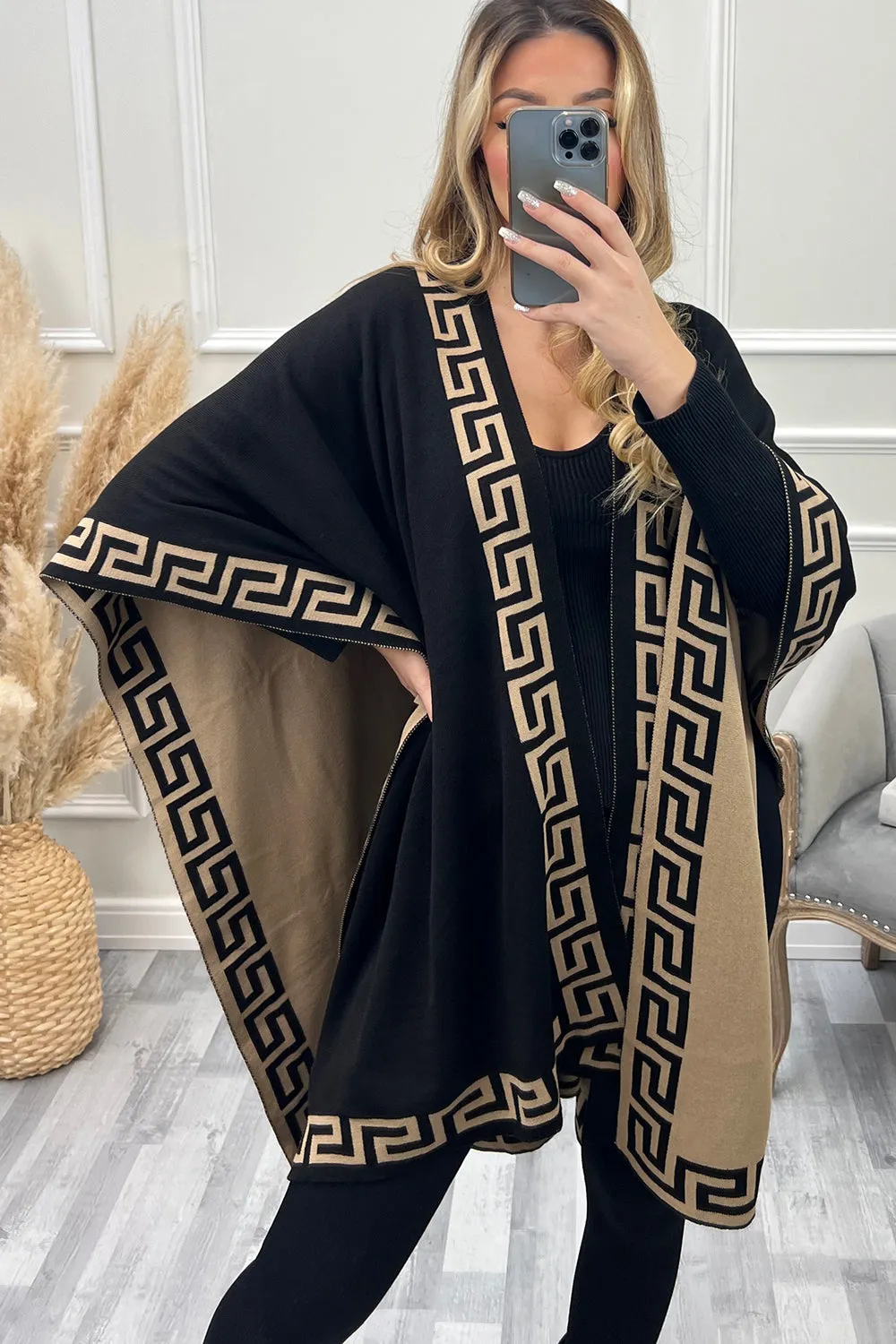 Matilda Black and Brown Aztec Trim Reversible Open Cape