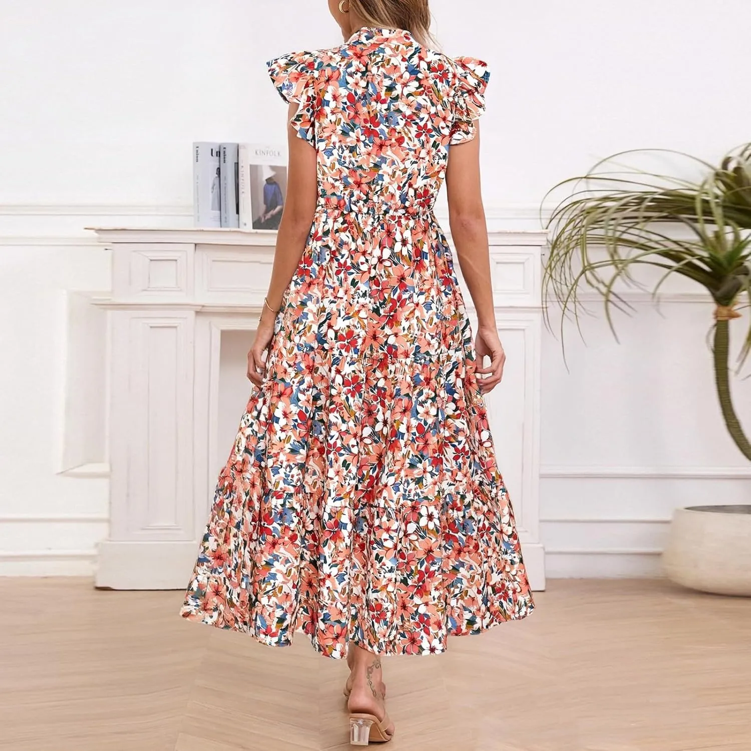 Maxi Dresses for Women 2025 Summer V Neck Flutter Sleeve Floral Dress Beach Vacation Casual Wedding Guest Dress