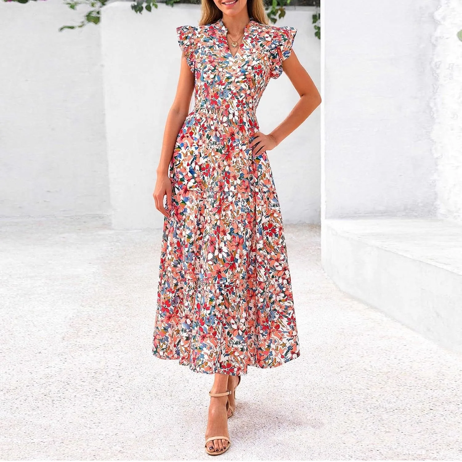 Maxi Dresses for Women 2025 Summer V Neck Flutter Sleeve Floral Dress Beach Vacation Casual Wedding Guest Dress