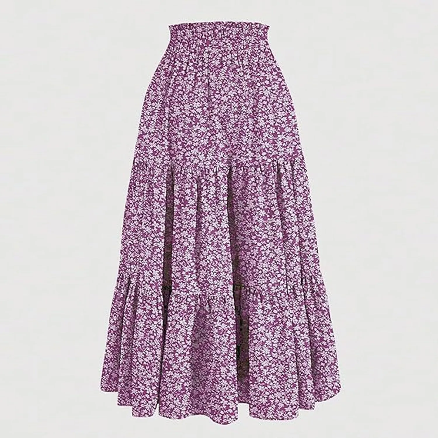 Maxi Skirt for Women Boho Long Beach Skirts Summer Spring Floral High Waisted Elastic Tiered Swing Skirt