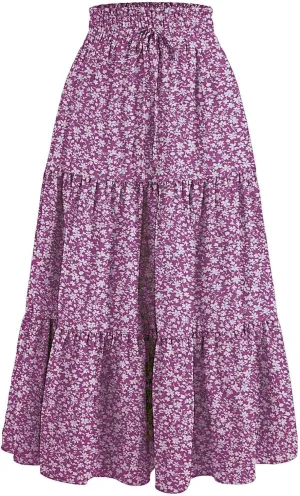 Maxi Skirt for Women Boho Long Beach Skirts Summer Spring Floral High Waisted Elastic Tiered Swing Skirt