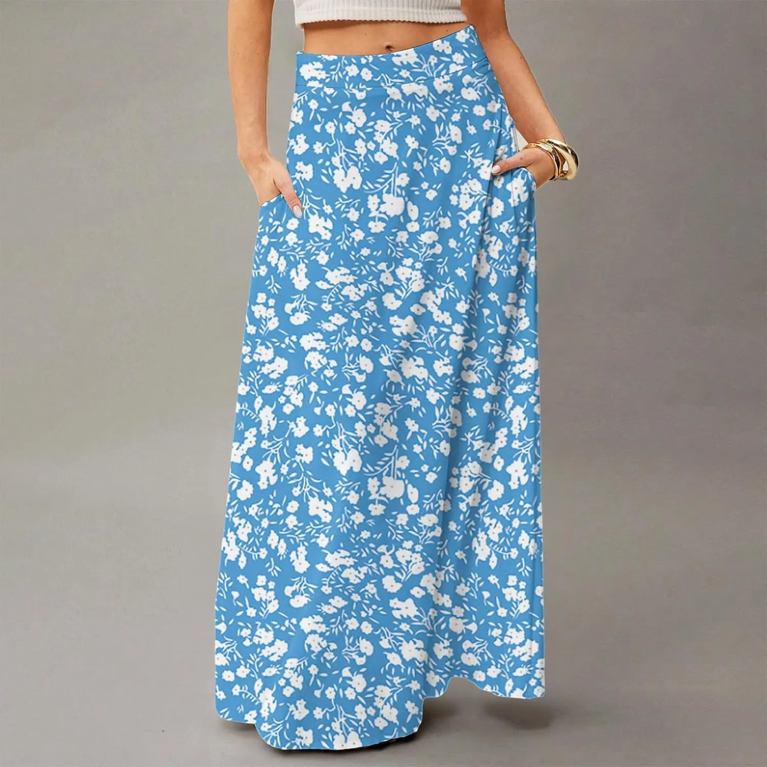 Maxi Skirts for Women 2025 Boho Elastic High Waisted Long Skirt with Pockets Summer Beach Flowy Floral Skirt