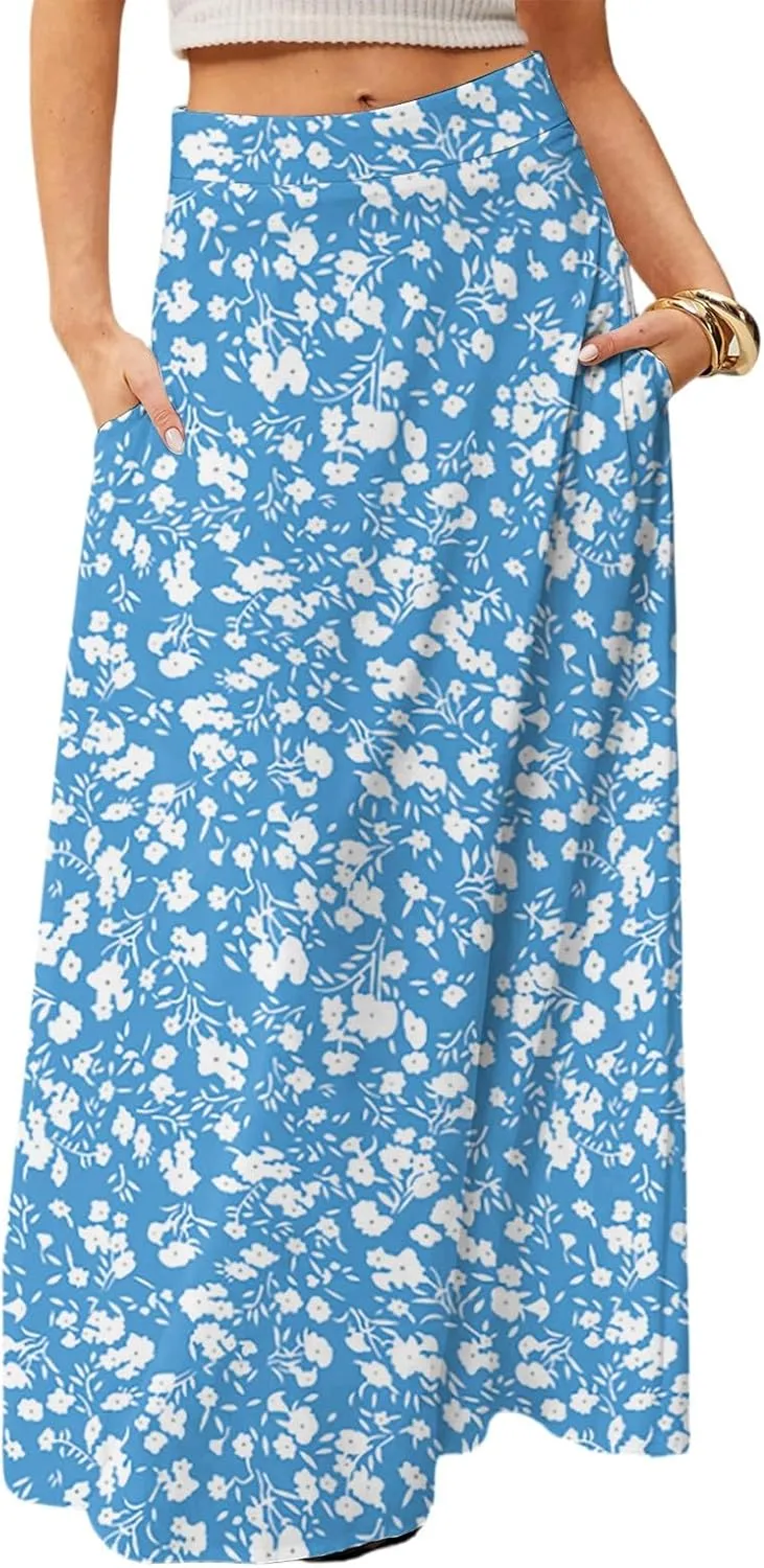 Maxi Skirts for Women 2025 Boho Elastic High Waisted Long Skirt with Pockets Summer Beach Flowy Floral Skirt