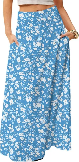 Maxi Skirts for Women 2025 Boho Elastic High Waisted Long Skirt with Pockets Summer Beach Flowy Floral Skirt