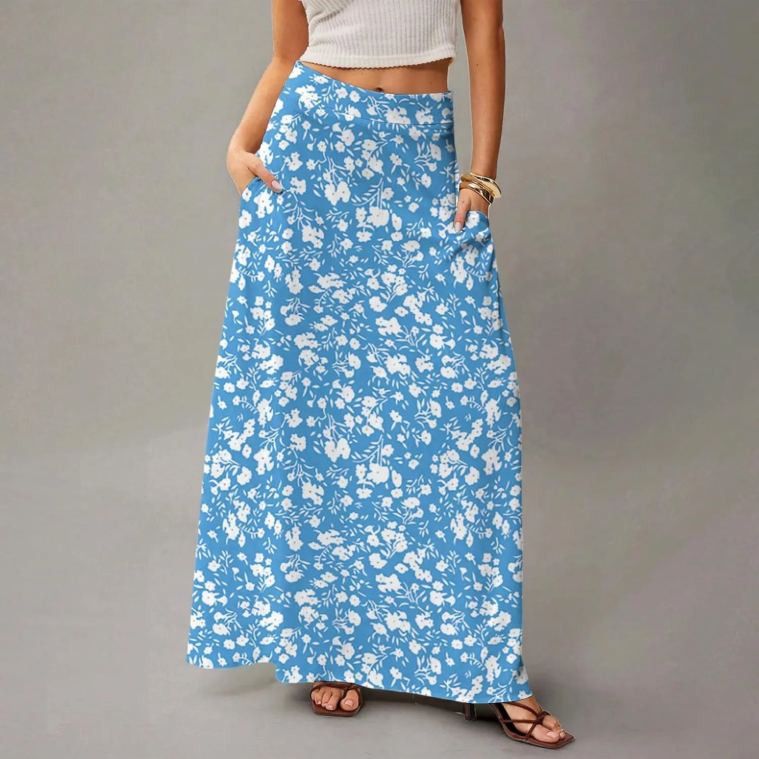 Maxi Skirts for Women 2025 Boho Elastic High Waisted Long Skirt with Pockets Summer Beach Flowy Floral Skirt