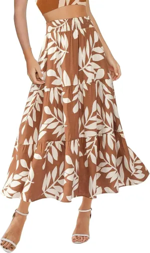 Maxi Skirts for Women Trendy High Waisted Tiered Boho Long Floral Skirt Cute Ruffle Pleated Beach A Line Flowy Skirt