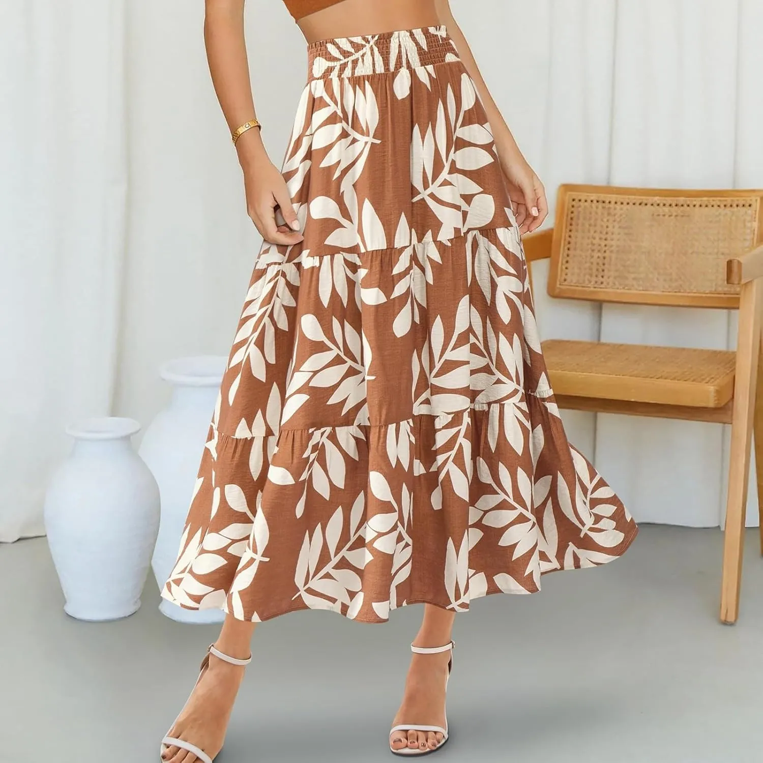 Maxi Skirts for Women Trendy High Waisted Tiered Boho Long Floral Skirt Cute Ruffle Pleated Beach A Line Flowy Skirt