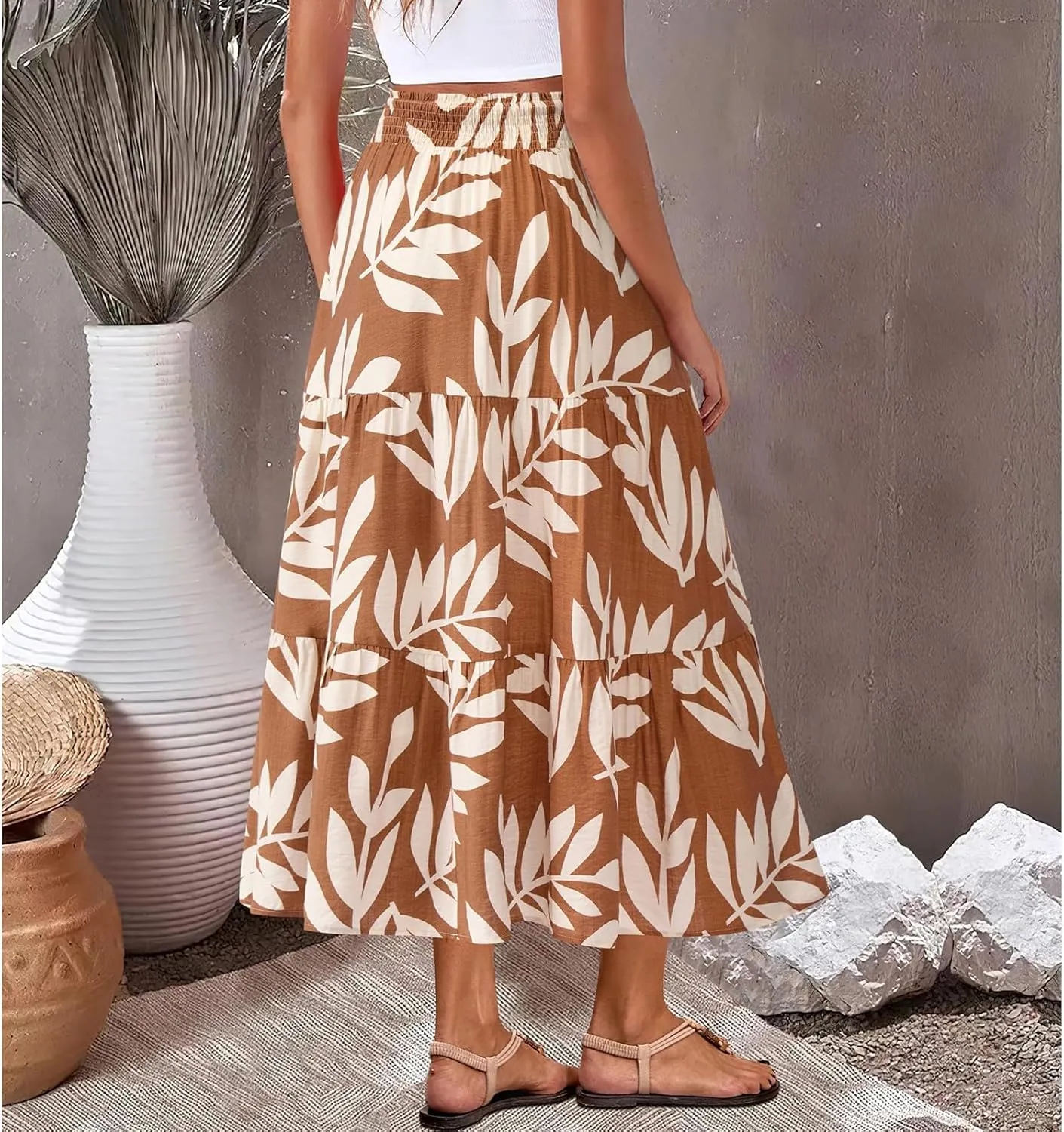 Maxi Skirts for Women Trendy High Waisted Tiered Boho Long Floral Skirt Cute Ruffle Pleated Beach A Line Flowy Skirt
