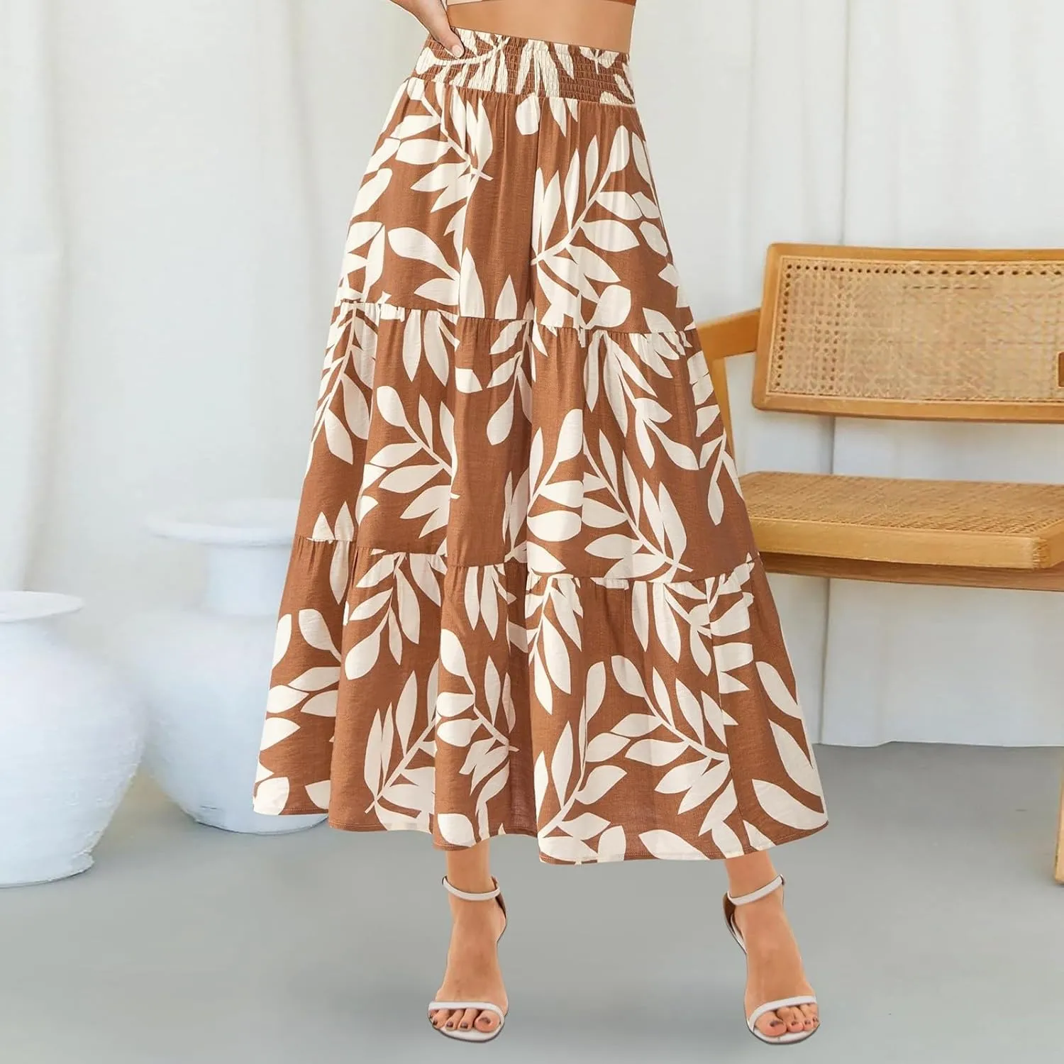 Maxi Skirts for Women Trendy High Waisted Tiered Boho Long Floral Skirt Cute Ruffle Pleated Beach A Line Flowy Skirt