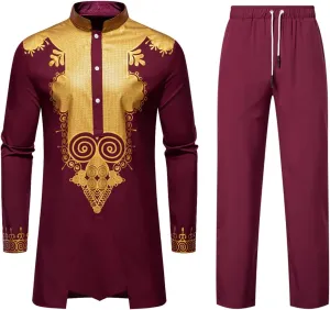 Men's Africa Suit Retro Long Sleeve Graphic Musilm Thobe and Pants Outfit Middle East Islamic Traditional 2 Piece Set