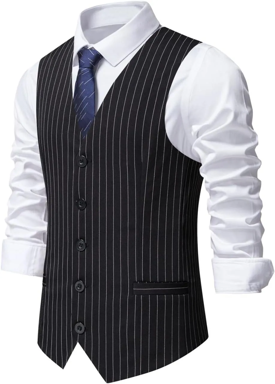 Men's Formal Suit Vest Mens Pinstripe Business Suit Vest Men's 5 Button Formal Vest Under Suit Single Breasted Vest