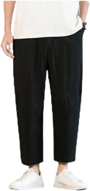 Men's Linen Harem Pants Drawstring Elastic Waist Casual Loose Fit Beach Pants with Pockets