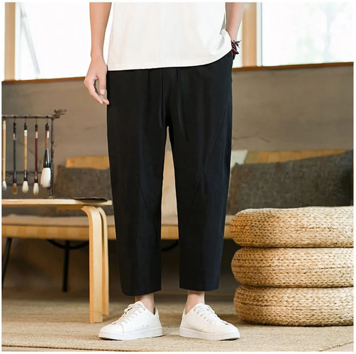 Men's Linen Harem Pants Drawstring Elastic Waist Casual Loose Fit Beach Pants with Pockets