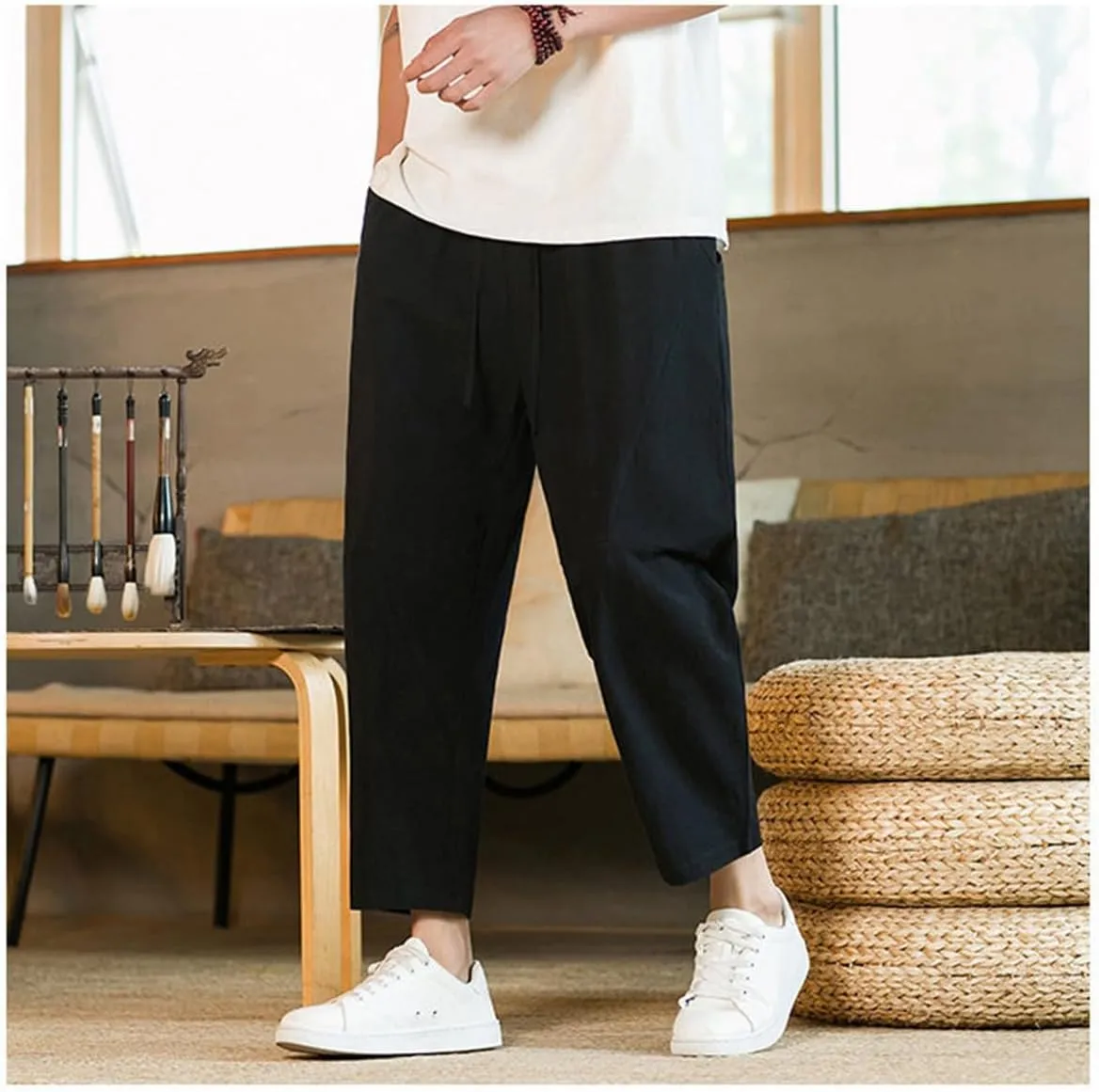 Men's Linen Harem Pants Drawstring Elastic Waist Casual Loose Fit Beach Pants with Pockets