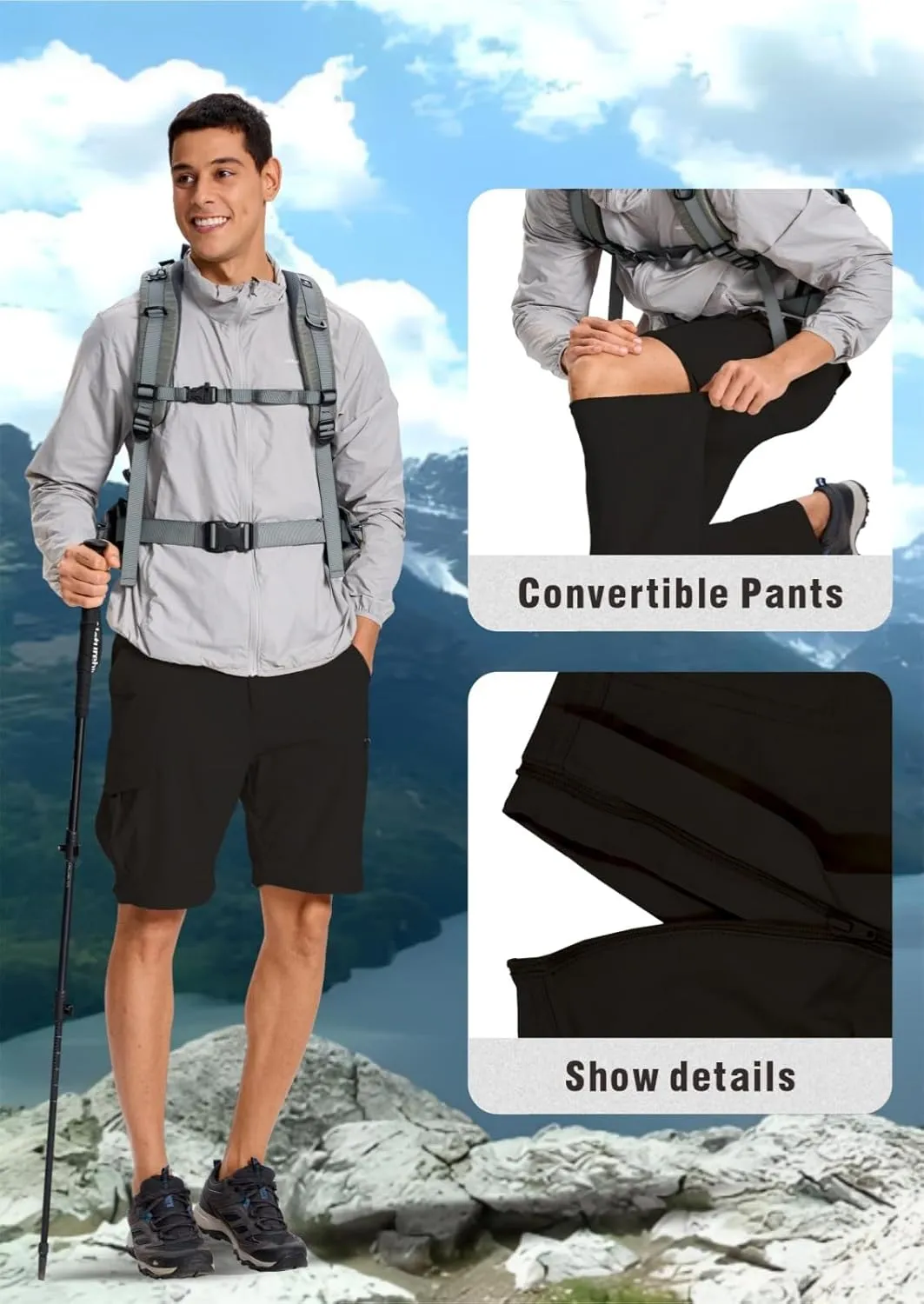 Mens Outdoor Hiking Pants Convertible Lightweight Water Resistant Quick Dry Zip Off Fishing Travel Camping Tactical Pants