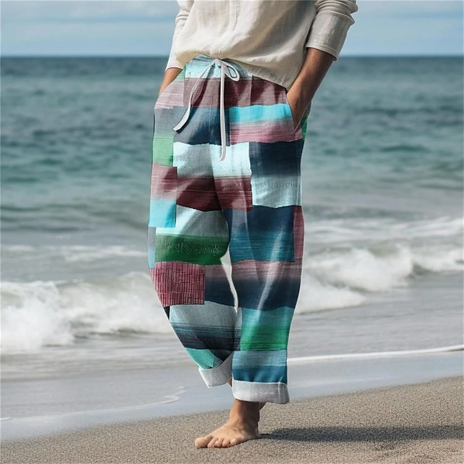 Men's Plaid Hiking Pants wiht Pockets Casual Lightweight Straight Leg Cargo Pant Outdoor Breathable Linen Holiday Beach Pants