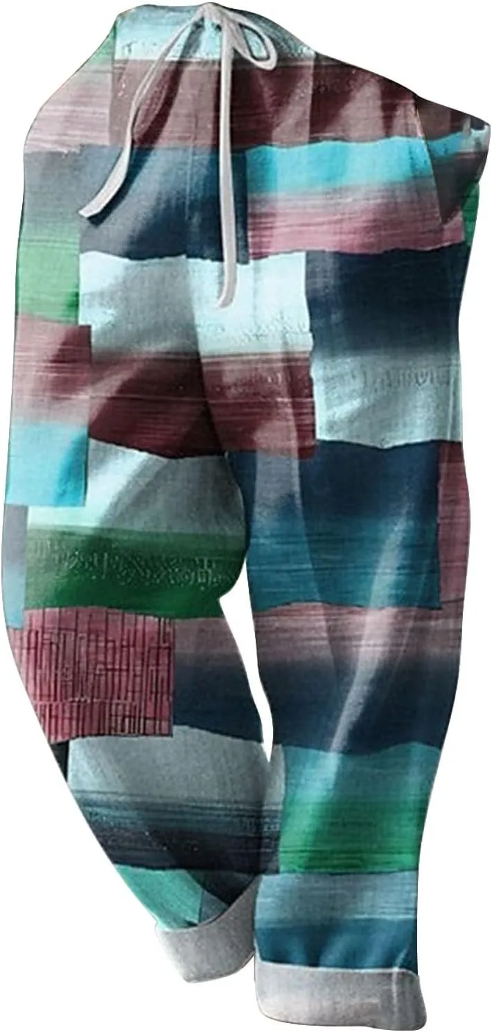 Men's Plaid Hiking Pants wiht Pockets Casual Lightweight Straight Leg Cargo Pant Outdoor Breathable Linen Holiday Beach Pants