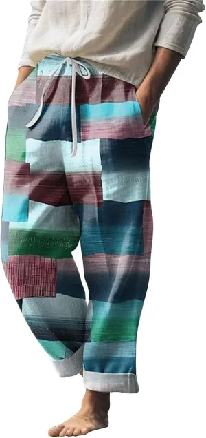 Men's Plaid Hiking Pants wiht Pockets Casual Lightweight Straight Leg Cargo Pant Outdoor Breathable Linen Holiday Beach Pants