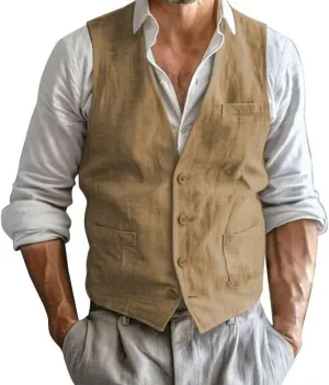 Men's Summer Linen Suit Vest Slim Fit Vintage Dress Vest Beach Wedding Casual Waistcoat for Party Groomsmen