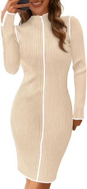 MEROKEETY Women's 2025 Long Sleeve Ribbed Knit Short Dress Color Block Mock Neck Bodycon Sweater Dresses