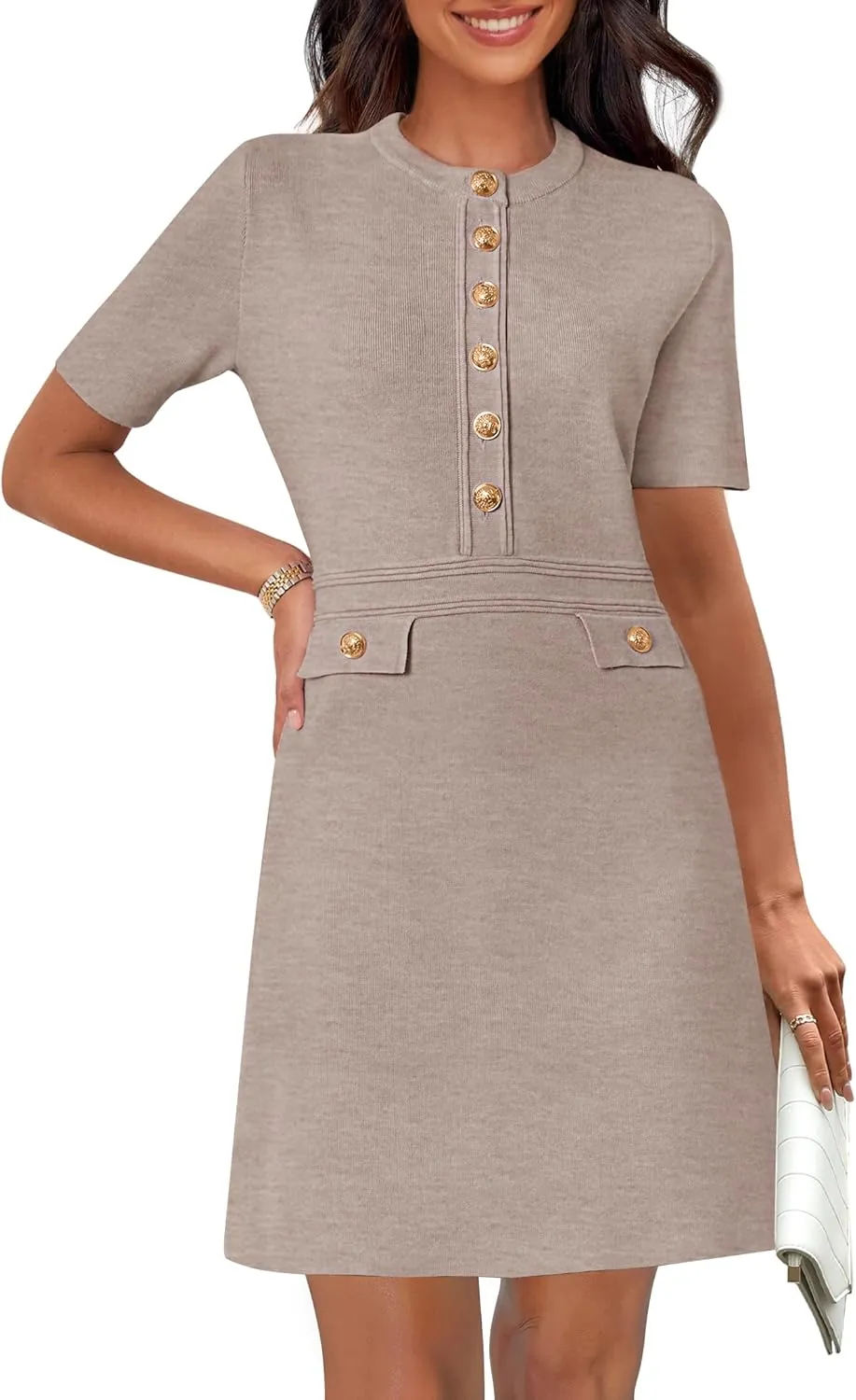 MEROKEETY Women's Knit Bodycon Sweater Dress Button Short Sleeve Crew Neck Elegant Formal Mini Dress