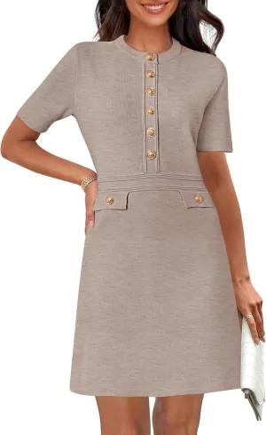 MEROKEETY Women's Knit Bodycon Sweater Dress Button Short Sleeve Crew Neck Elegant Formal Mini Dress
