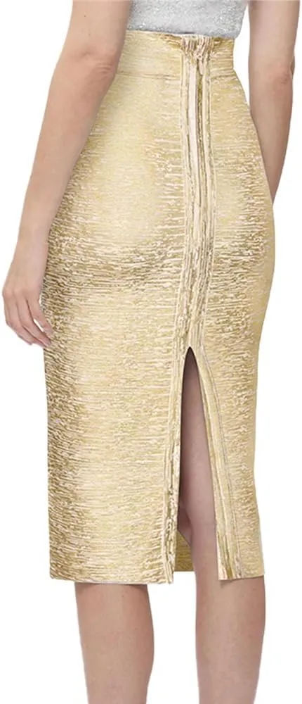 Midi Bandage Skirt Faux Leather Metallic Bandage Pencil Office Skirt with Back Split