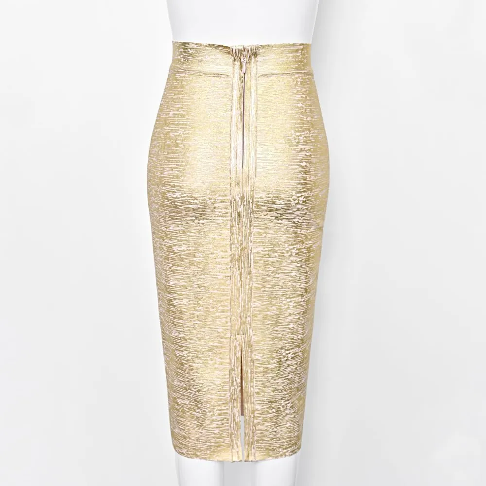 Midi Bandage Skirt Faux Leather Metallic Bandage Pencil Office Skirt with Back Split