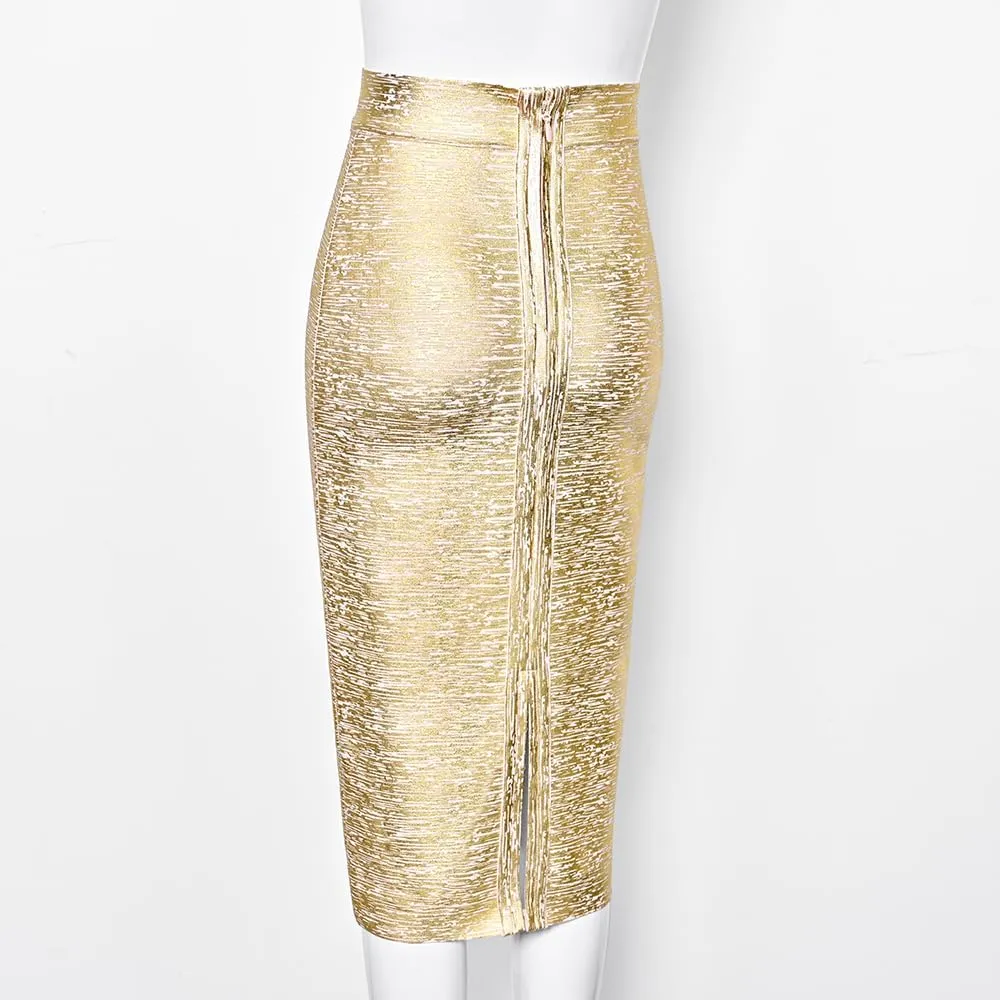 Midi Bandage Skirt Faux Leather Metallic Bandage Pencil Office Skirt with Back Split