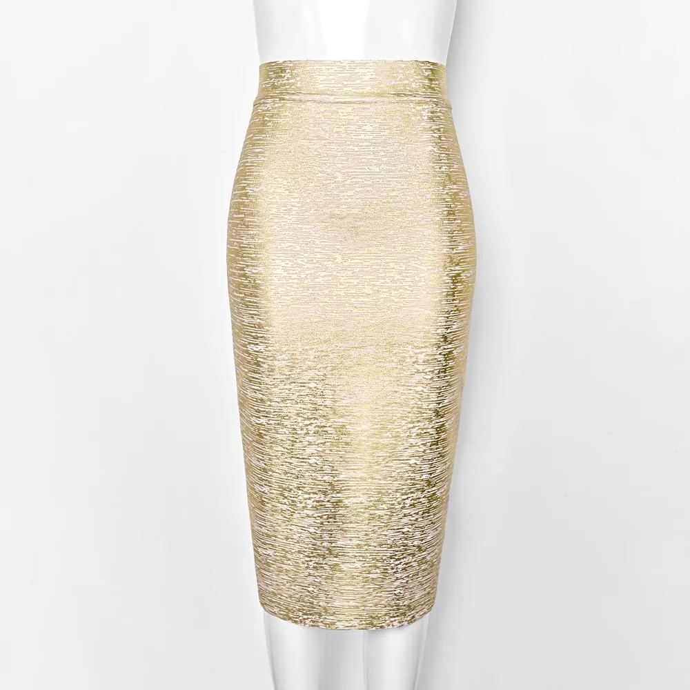 Midi Bandage Skirt Faux Leather Metallic Bandage Pencil Office Skirt with Back Split