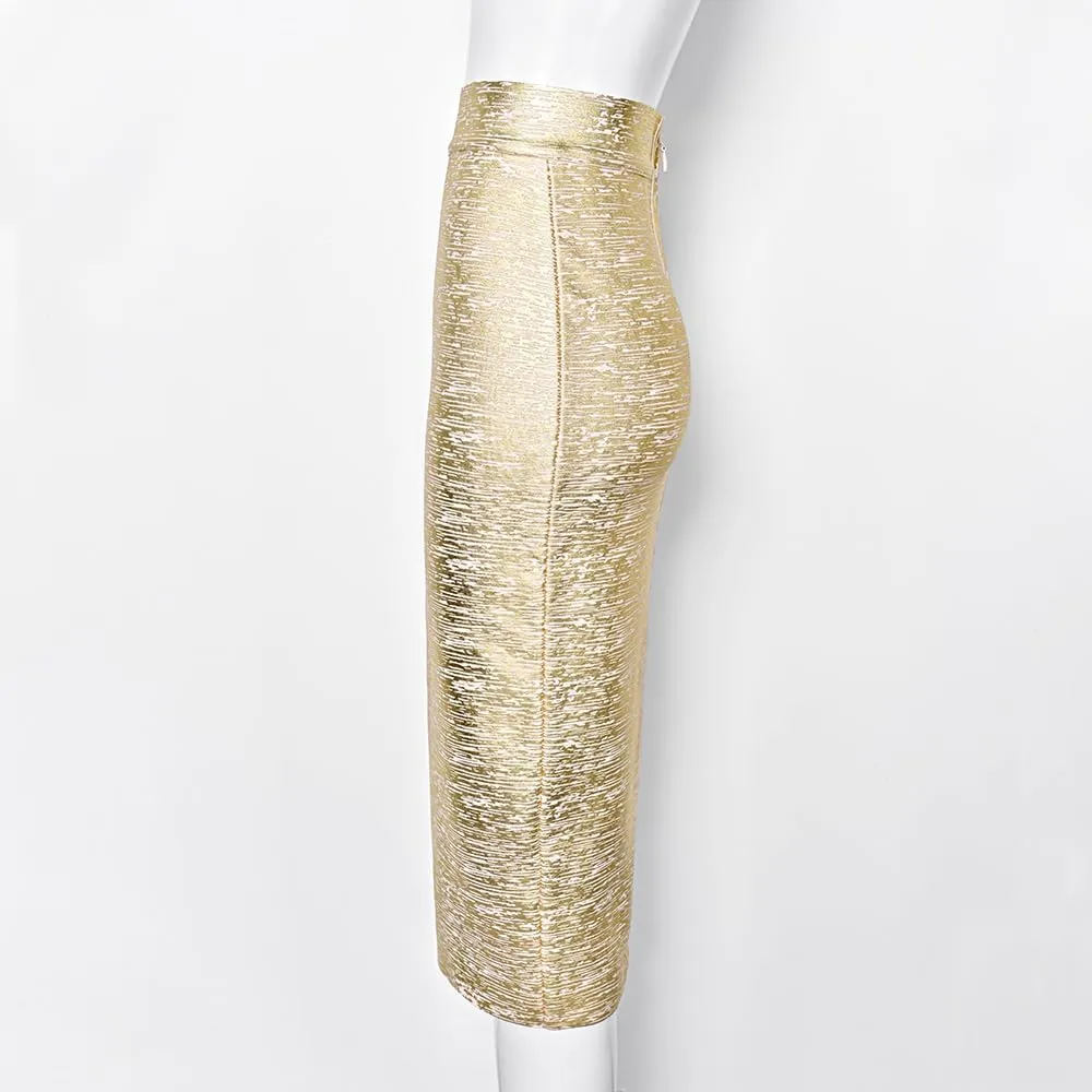 Midi Bandage Skirt Faux Leather Metallic Bandage Pencil Office Skirt with Back Split