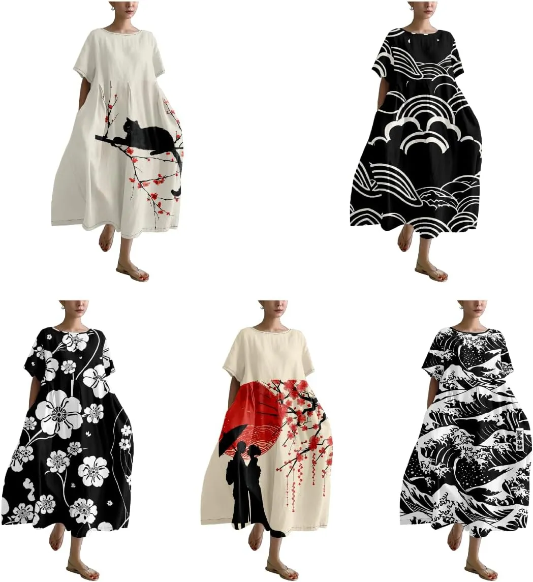 Midi Dresses for Women Casual Fashion T Shirt Dress Ruffle Hem Crew Neck Short Sleeve Summer Dresses Camping