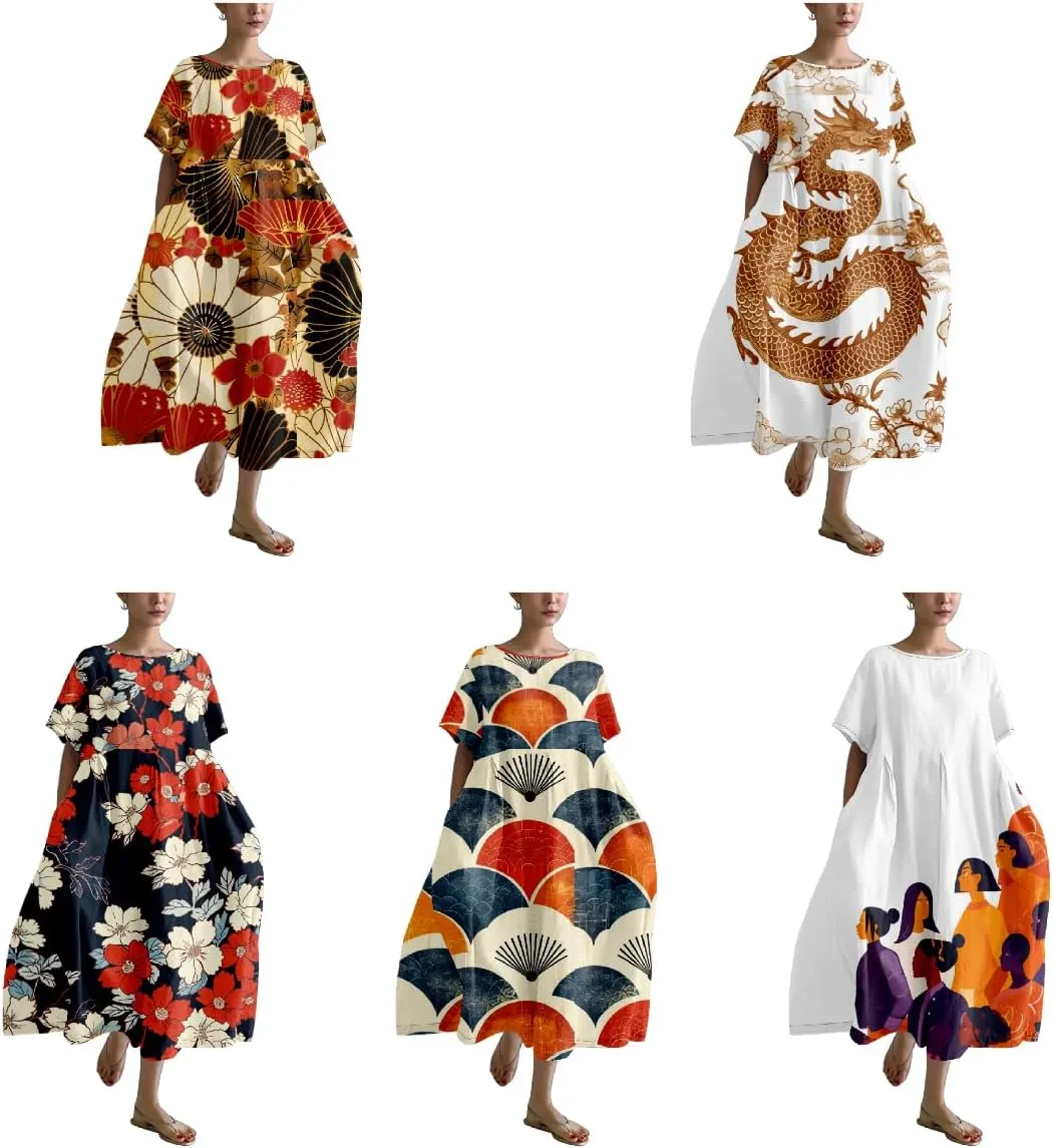 Midi Dresses for Women Casual Fashion T Shirt Dress Ruffle Hem Crew Neck Short Sleeve Summer Dresses Camping