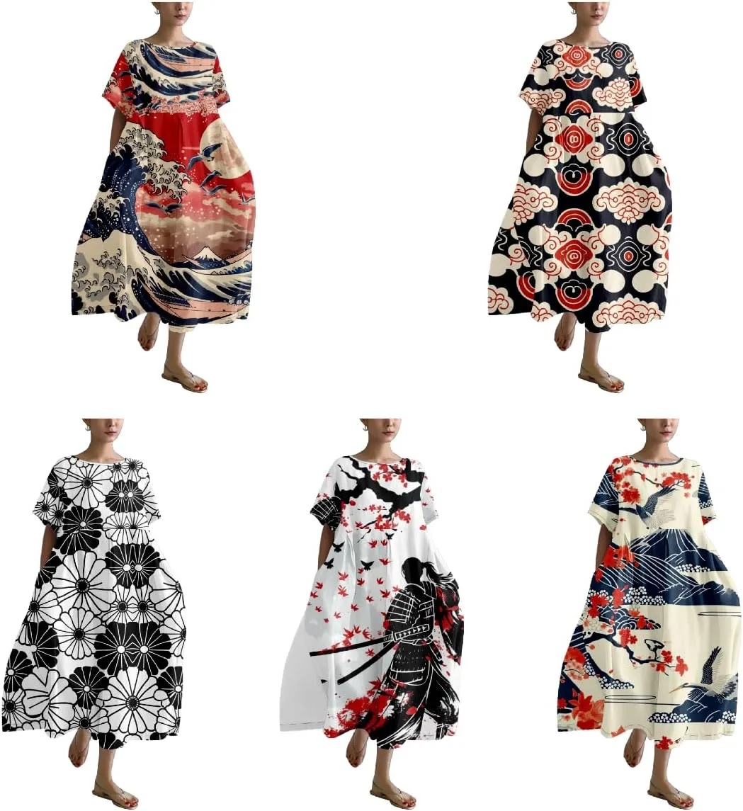 Midi Dresses for Women Casual Fashion T Shirt Dress Ruffle Hem Crew Neck Short Sleeve Summer Dresses Camping