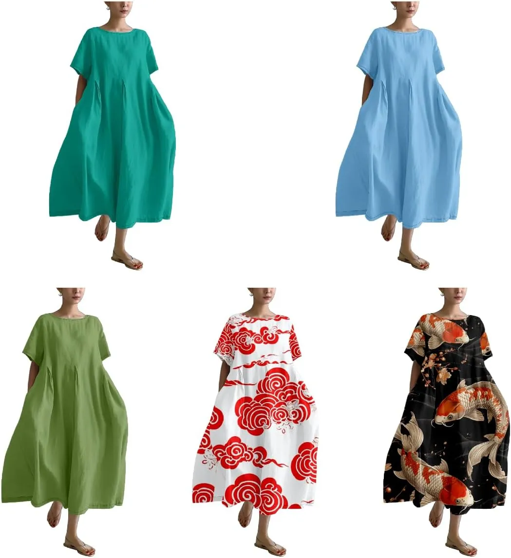 Midi Dresses for Women Casual Fashion T Shirt Dress Ruffle Hem Crew Neck Short Sleeve Summer Dresses Camping