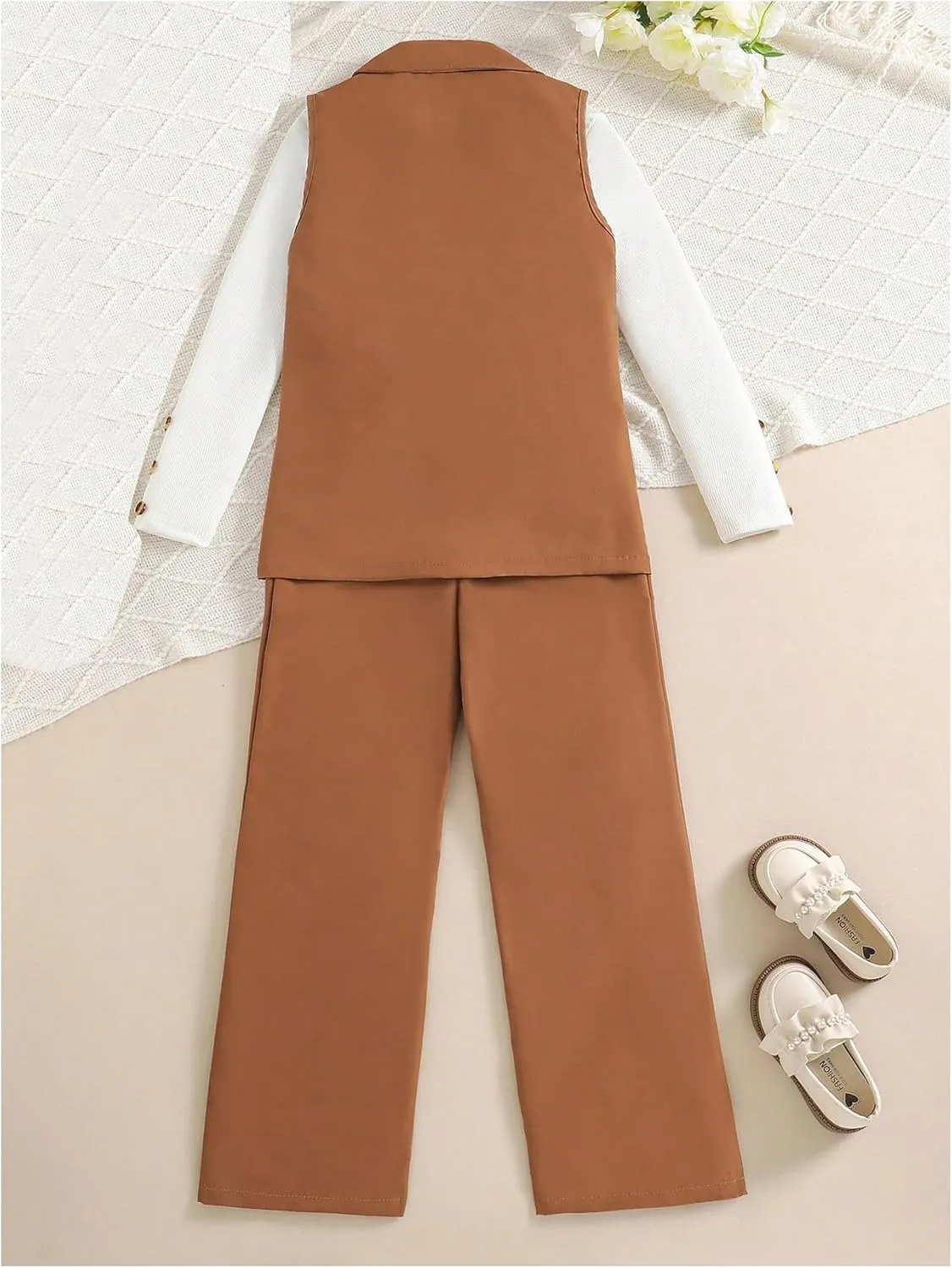 Milumia Girl's 3 Piece Outfits Long Sleeve Tee Shirt and Blazer Vest with Pants
