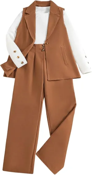 Milumia Girl's 3 Piece Outfits Long Sleeve Tee Shirt and Blazer Vest with Pants