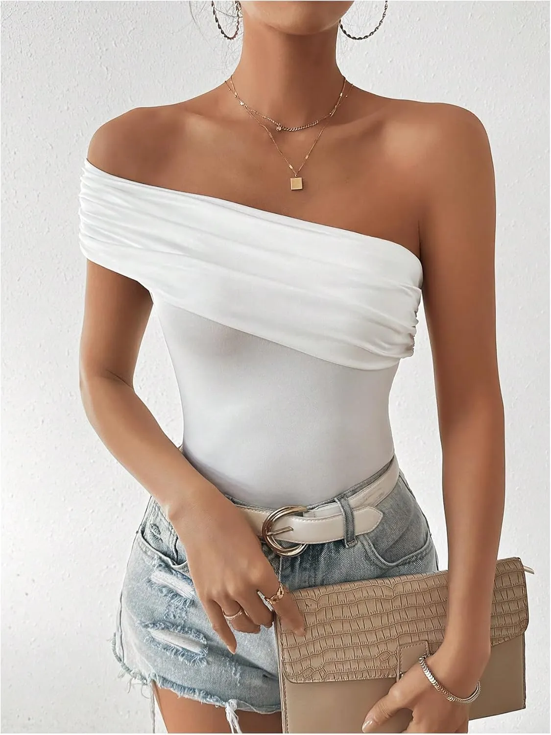 Milumia Women's Ruched One Shoulder Tank Top Asymmetrical Neck Short Sleeve Tee Tops